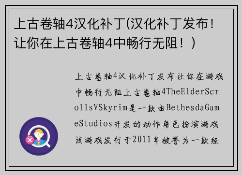 上古卷轴4汉化补丁(汉化补丁发布！让你在上古卷轴4中畅行无阻！)